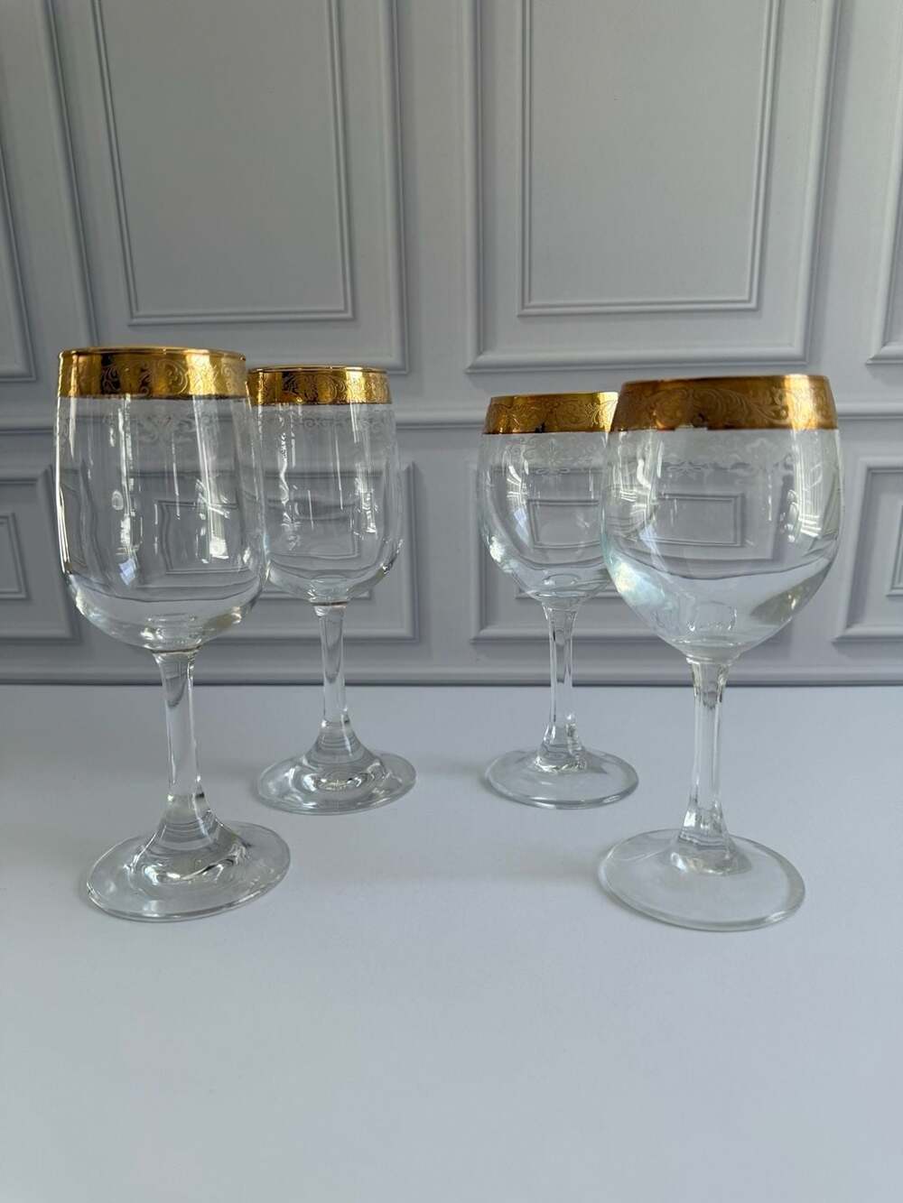 Vintage Italian Cellini 24K Gold Banded Etched Crystal Wine Glasses (Set of 4)
